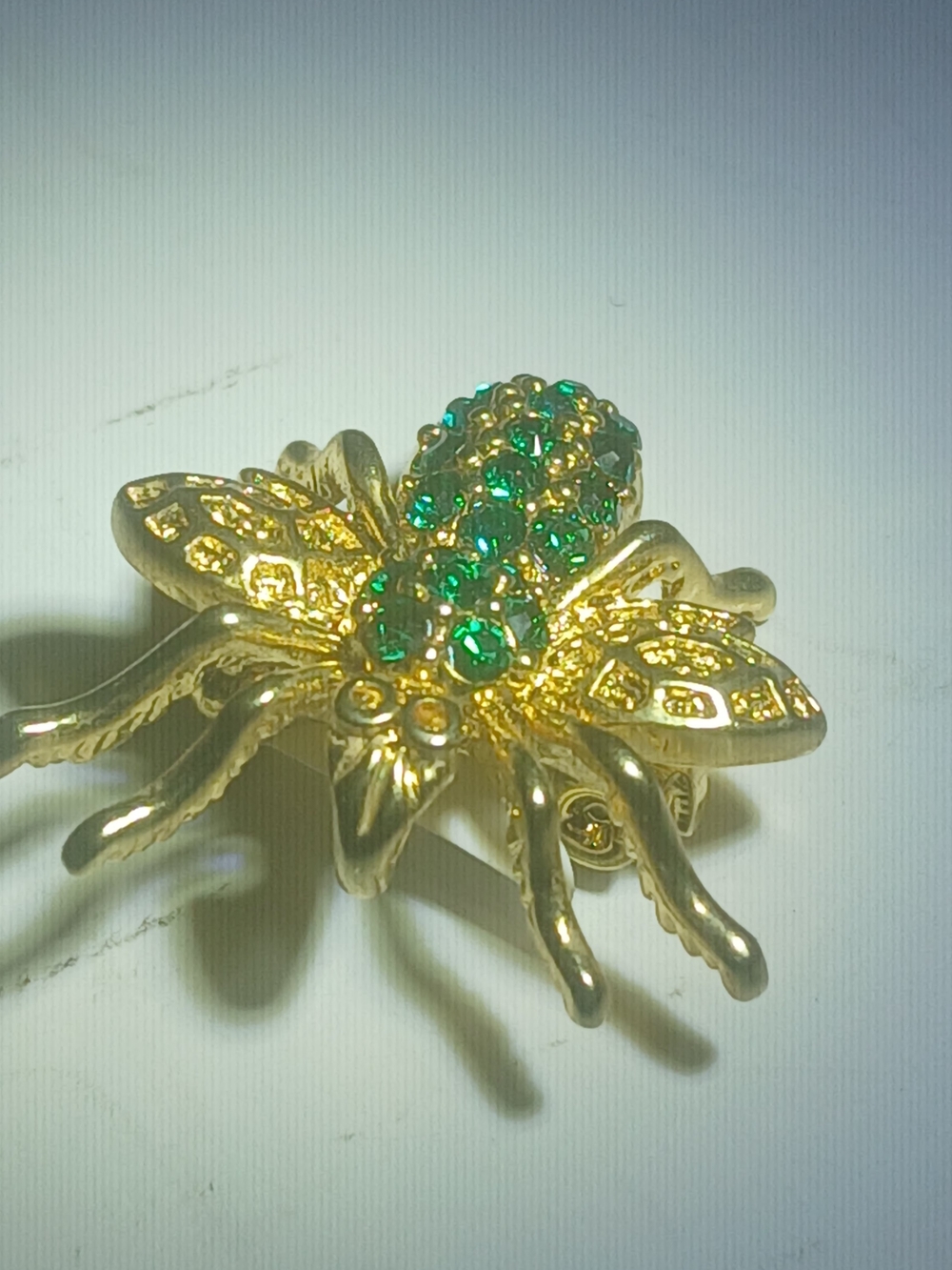Vintage Gold-Tone Bee Brooch with Green Rhinestones